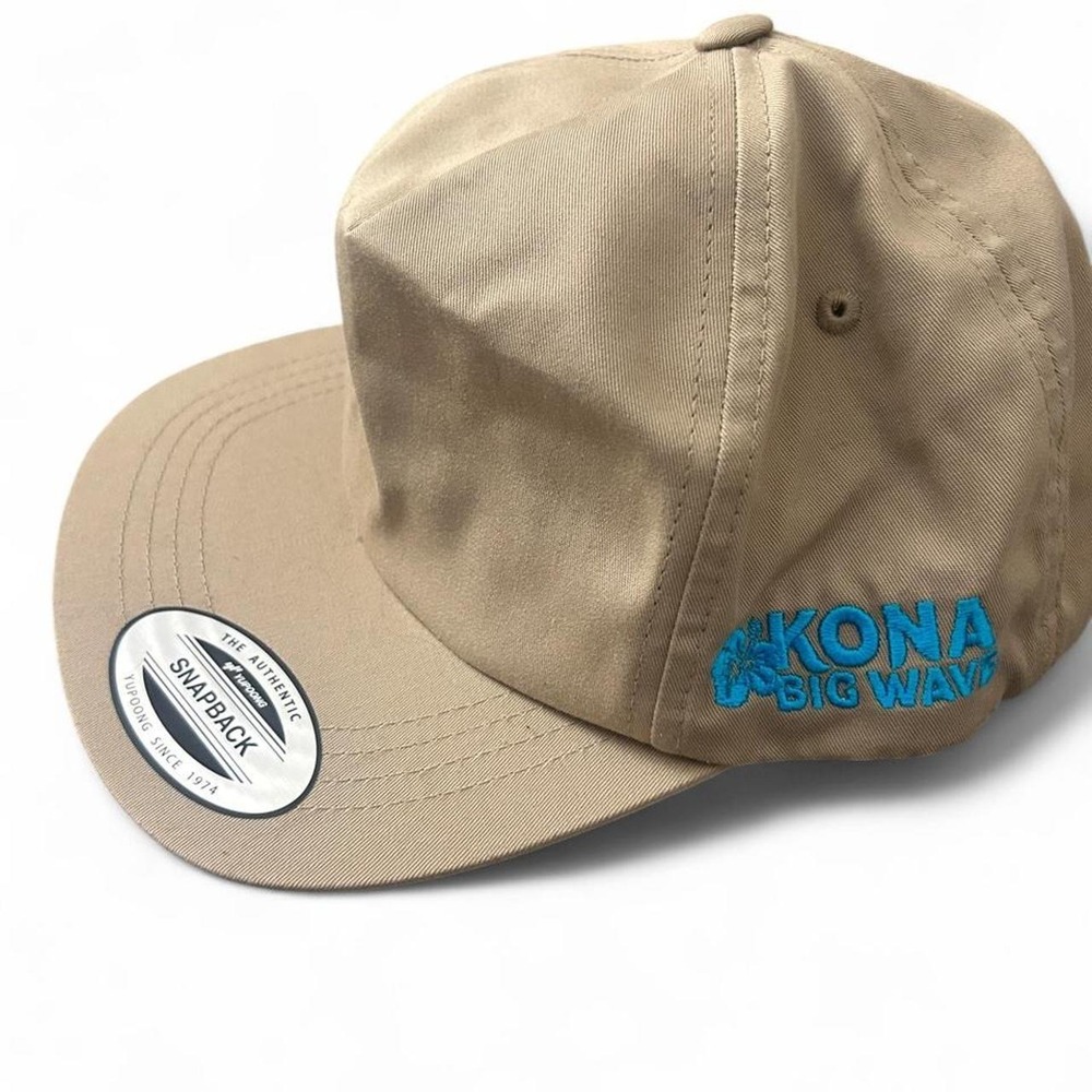 Kona‎ Big Wave Brewing Yupoong Snapback Hat Tan Khaki Blue Logo Cap Mens OSFM